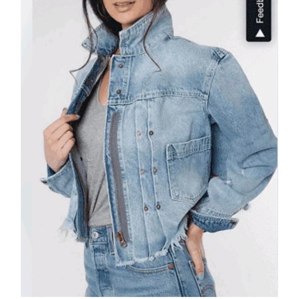 Free People Jasmine Denim Jacket Light Cropped Raw Hem Blue Size Small